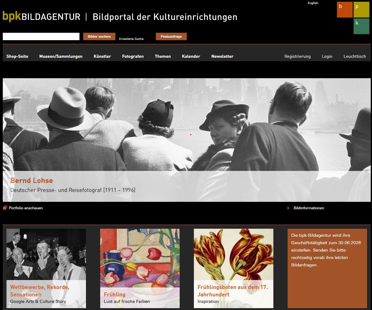 Screenshot der Webseite bpk-Bildagentur (Startseite)