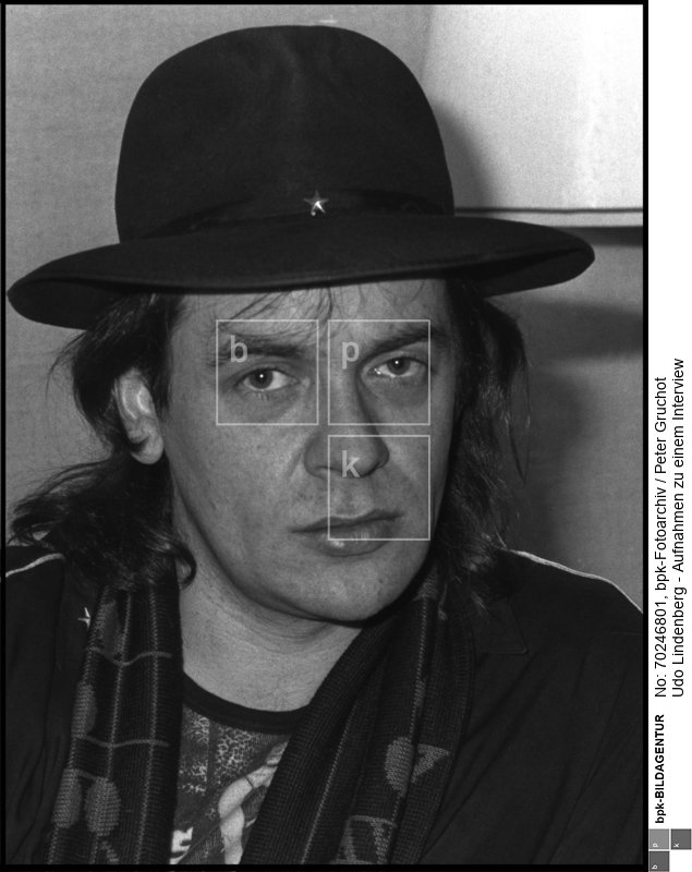 Person: Udo Lindenberg (1946-), deutscher Rockmusiker, Schriftsteller und Kunstmaler<BR>Aufnahmedatum: 05.01.1983<BR>Material/Technik: Foto<BR>