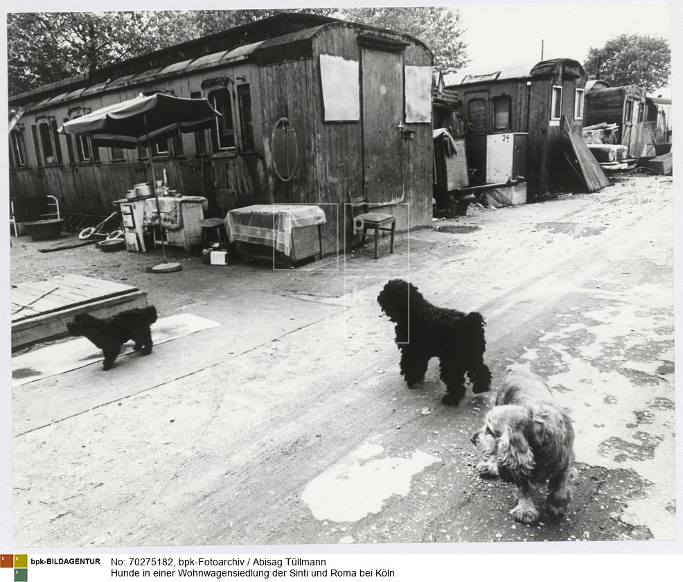 Rückseitenbeschriftung von anderer Hand: "Roma und Sinti, Wohnwagenlager in Köln"<BR>Aufnahmedatum: Mai 1971<BR>Material/Technik: Foto / Silbergelatine auf Barytpapier<BR>Bildformat (Foto): 23,6 x 29,3 cm<BR>Aufnahmeort: Köln / Deutschland<BR>Inventar-Nr.: Tü 71/063-01a<BR>