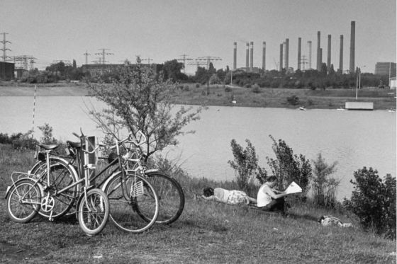Ein Fahrradausflug an die Elbe, im Hintergrund das CKB (Chemiekombinat), bzw. EKB (Elektrochemisches Kombinat)
